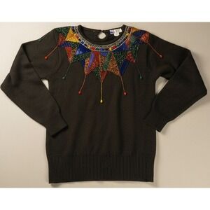 VTG Lindsey‎ Blake Sweater Small Black Beaded Sequin Geometric Holiday Christmas
